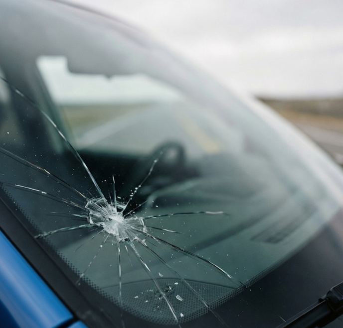 Cracked windshield showing impact damage
